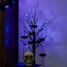 Load image into Gallery viewer, PEIDUO Halloween Decorations, 2FT Black Halloween Tree with 24 Purple Lights and 8 Bat Ornaments, Light up Halloween Decorations with Timer for Indoor Home Desk Table Decor Battery Powered
