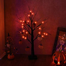 Load image into Gallery viewer, EAMBRITE Small Black Glitter Halloween Tree Light with 24 Orange LEDs Battery Operated Lighted Spooky Pumpkin Display Tree for Party Decoration (60cm/2ft)