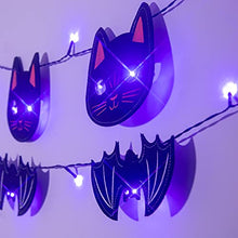 Load image into Gallery viewer, PEIDUO Halloween Purple Banner String Lights, Set of 2 with Black Cats and Bats Ornaments Purple LED Hanging Lights Battery Powered Fairy Lights Decoration for Halloween Bedroom Party Decorations