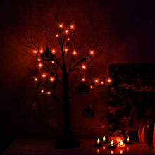 Load image into Gallery viewer, Vanthylit Home Decor, 2FT 24LED Black Spooky Tree Glittered with Orange Lights Battery Powered Tabletop Bonsai Tree Decoration for Indoor and Halloween (Include 8 Pumpkins)