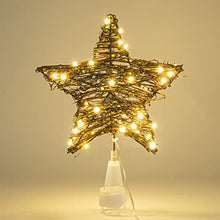 Load image into Gallery viewer, PEIDUO Christmas Rattan Star Tree Topper Adapter Plug in with 40 Warm White Lights Rustic LED Light Up Tree Topper Decoration for Christmas Tree