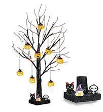 Load image into Gallery viewer, EAMBRITE Halloween Tree, 2FT Black Spooky Tree with 24 LED Orange Lights and 8 Pumpkins, Battery Operated Small Tabletop Black Tree with Timer for Halloween Decorations Christmas Room Home Fireplace