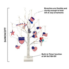 Load image into Gallery viewer, PEIDUO 4th of July Decorations for Home, Set of 2 Artificial Tree with 4th of July Accessories, Battery Powered Patriotic Decorations with Timer, Lighted Birch Tree with LED Lights (2FT Warm White)
