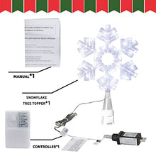 Load image into Gallery viewer, EAMBRITE Snowflake Christmas Tree Topper, 13 Inch White Snowflake Tree Topper with 50 Cool White Lights and 9 Modes Controller, Large Snowflake Treetop for Christmas Tree Decorations