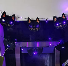 Load image into Gallery viewer, PEIDUO Halloween Purple Banner String Lights, Set of 2 with Black Cats and Bats Ornaments Purple LED Hanging Lights Battery Powered Fairy Lights Decoration for Halloween Bedroom Party Decorations