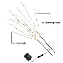 Load image into Gallery viewer, EAMBRITE 2PK 75cm Christmas Decorative Twig Lights Snow Frosted Garden Stake Lights with 50 Warm White LEDs Battery Powered Lighted Branches for Indoor and Outdoor Use