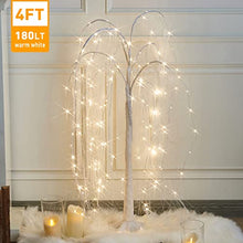 Load image into Gallery viewer, EAMBRITE 4FT Lighted Willow Tree, Weeping Willow Artificial Tree with 180 Twinkle Fairy Lights, White Christmas Tree for Home Office Holiday Party Indoor Outdoor Decoration