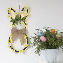 Load image into Gallery viewer, Vanthylit Easter Bunny Wreath, LED Lighted Rattan Spring Wreath Battery Operated with Linen Bow and Flower Vines Light up Easter Decoration for Front Door Window Wall Home Party