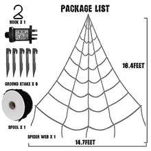 Load image into Gallery viewer, EAMBRITE Halloween Decorations Giant Spider Web with Purple Lights Light up Black Spiderweb Mains Powered Halloween Outdoor Lights Waterproof for Garden Yard Décor (5m/16ft)