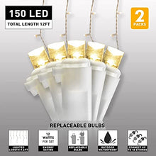 Load image into Gallery viewer, PABIPABI 2 Pack 150 LED 12FT Christmas Icicle Lights Outdoor, IP44 Waterproof Window Curtain Fairy Lights, Twinkle Icicle String Lights for Patio Roof Railings Party Decoration Plug in Warm White