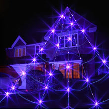 Load image into Gallery viewer, EAMBRITE Halloween Decorations Outdoor Giant Spider Web with 135LT Purple Lights 200" Triangular Huge Black Scary Spider Web Lights for Yard Home Parties Haunted House Decor