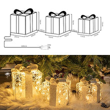 Load image into Gallery viewer, EAMBRITE 3PK Light up Present Boxes Silver Gift Boxes with Warm White Lights Plug in for Christmas Decorations Home and Outdoor Décor