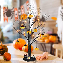 Load image into Gallery viewer, EAMBRITE Halloween Tree, 2FT Black Spooky Tree with 24 LED Orange Lights and 8 Pumpkins, Battery Operated Small Tabletop Black Tree with Timer for Halloween Decorations Christmas Room Home Fireplace