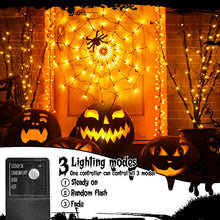 Load image into Gallery viewer, EAMBRITE Halloween Black Spider Web Lights with 70 Orange Lights Waterproof and 1 Black Spider for House Yard Window Garden Indoor and Outdoor Scary Halloween Decorations