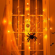 Load image into Gallery viewer, EAMBRITE Halloween Black Spider Web Lights with 70 Orange Lights Waterproof and 1 Black Spider for House Yard Window Garden Indoor and Outdoor Scary Halloween Decorations