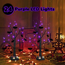 Load image into Gallery viewer, PEIDUO Halloween Decorations, 2FT Black Halloween Tree with 24 Purple Lights and 8 Bat Ornaments, Light up Halloween Decorations with Timer for Indoor Home Desk Table Decor (2PK)