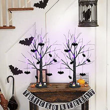 Load image into Gallery viewer, PEIDUO Halloween Decorations, 2FT Black Halloween Tree with 24 Purple Lights and 8 Bat Ornaments, Light up Halloween Decorations with Timer for Indoor Home Desk Table Decor (2PK)