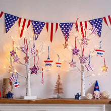 Load image into Gallery viewer, EAMBRITE 4th of July Decorations for Home, Light up Birch Tree with 24pcs Star Hanging Ornaments, Red White and Blue Decor, Patriotic Lighted Tabletop Battery Powered Timer for Memorial Day, Party