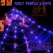 Load image into Gallery viewer, Vanthylit Halloween Decorations, Giant Spider Web Lights with 135 LED Purple Lights Black Spider Web for Outdoor Halloween Decorations Party Yard Haunted Mansion Decor