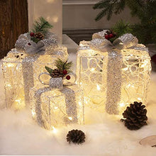 Load image into Gallery viewer, EAMBRITE Set of 3 48LT Lighted Boxes with Bows Present Boxes for Party Yard Home Holiday Outdoor Decorations (White and Silver)