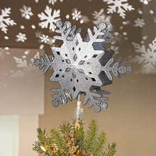 Load image into Gallery viewer, EAMBRITE 11.375" Hollow Silver Snowflake Christmas Tree Top Lights with Rotating Snowflakes Group Projector Christmas Tree Decoration