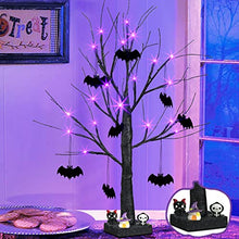 Load image into Gallery viewer, EAMBRITE Halloween Tree, 2FT Black Spooky Tree with 24 LED Purple Lights and 8 Bats, Battery Operated Cute Centerpieces Tabletop Black Tree with Timer for Halloween Decorations Indoor Home Fireplace