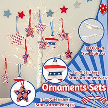 Load image into Gallery viewer, Vanthylit 4th of July Decorations Birch Tree Pack of 2 24 Pieces Independence Day Fabric Star Hanging Ornaments, Battery Powered Timer 24LED Warm White Lights for Patriotic Decor Home Party Decor
