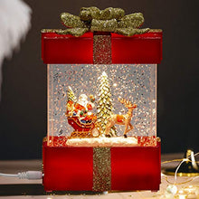 Load image into Gallery viewer, EAMBRITE Musical Christmas Snow Globe Lantern with Santa Claus Reindeer Sled Decorations USB Battery Operated Light up Red Box with Gold Bow for Kids Christmas Decoration-18cm