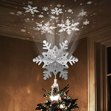 Load image into Gallery viewer, EAMBRITE Christmas Tree Topper Silver Snowflake Tree Topper Projector with Rotating Snowflake Projection Plug in for Indoor and Outdoor Christmas Tree Decoration