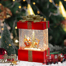 Load image into Gallery viewer, EAMBRITE Musical Christmas Snow Globe Lantern with Santa Claus Reindeer Sled Decorations USB Battery Operated Light up Red Box with Gold Bow for Kids Christmas Decoration-18cm