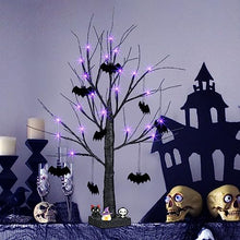 Load image into Gallery viewer, Vanthylit Halloween Tree Decorations, Glittered Black Spooky Tree with Purple Lights and Bat Decorations, Battery Powered Timer Tabletop Tree for Halloween Decorations Indoor Outdoor (2FT, 24LED)