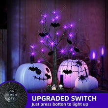 Load image into Gallery viewer, EAMBRITE Halloween Tree, 2FT Black Spooky Tree with 24 LED Purple Lights and 8 Bats, Battery Operated Cute Centerpieces Tabletop Black Tree with Timer for Halloween Decorations Indoor Home Fireplace