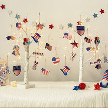 Load image into Gallery viewer, PEIDUO 4th of July Decorations for Home, Set of 2 Artificial Tree with 4th of July Accessories, Battery Powered Patriotic Decorations with Timer, Lighted Birch Tree with LED Lights (2FT Warm White)