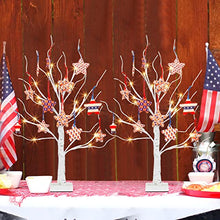 Load image into Gallery viewer, PEIDUO 4th of July Decorations for Home, 2PK Artificial Tree with 4th of July Accessories, Battery Powered Independence Day Decorations with Timer, Lighted Birch Tree with LED Lights (2FT Warm White)