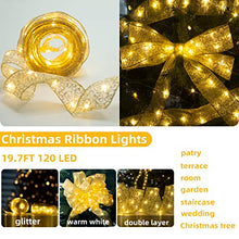 Load image into Gallery viewer, Vanthylit Gold Ribbon Lights Christmas Tree Ribbon Decorations Lights with 19.7FT 120 LED Warm White Fairy Light Drew Drop Decor for Wedding Christmas Tree Decorations