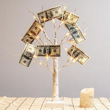 Load image into Gallery viewer, PABIPABI Money Tree Gift Holder,24 LED Lighted Display Tree with 12 Clear Clips, Battery/USB Powered Timer Birch Tree for Christmas, Memo, Present Card, Photo, Wedding, Birthday Graduation
