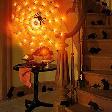 Load image into Gallery viewer, EAMBRITE Halloween Black Spider Web Lights with 70 Orange Lights Waterproof and 1 Black Spider for House Yard Window Garden Indoor and Outdoor Scary Halloween Decorations