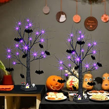 Load image into Gallery viewer, PEIDUO Halloween Decorations, 2FT Black Halloween Tree with 24 Purple Lights and 8 Bat Ornaments, Light up Halloween Decorations with Timer for Indoor Home Desk Table Decor (2PK)