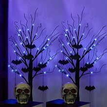 Load image into Gallery viewer, PEIDUO Halloween Decorations, 2FT Black Halloween Tree with 24 Purple Lights and 8 Bat Ornaments, Light up Halloween Decorations with Timer for Indoor Home Desk Table Decor (2PK)