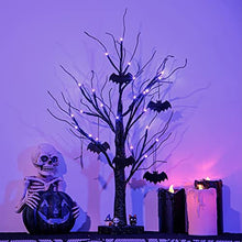 Load image into Gallery viewer, Vanthylit Halloween Tree Decorations, Glittered Black Spooky Tree with Purple Lights and Bat Decorations, Battery Powered Timer Tabletop Tree for Halloween Decorations Indoor Outdoor (2FT, 24LED)