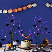 Load image into Gallery viewer, Vanthylit Black Tree Halloween Decotations, Battery Powered LED Purple Tree Lights with Bat Decorations, Glittered Halloween Spooky Tree for Tabletop Home Party Indoor Outdoor Decor (2FT, 2 Pack)