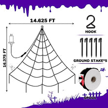 Load image into Gallery viewer, PEIDUO Spider Web Decoration Outdoor,16 * 15FT Giant Halloween Spider Web with 135 LED Purple Lights, Spider Web Lights for Party Yard Bar Haunted House Halloween Decor