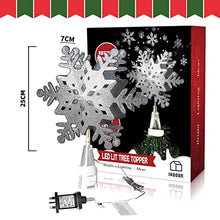 Load image into Gallery viewer, EAMBRITE Christmas Tree Topper Silver Snowflake Tree Topper Projector with Rotating Snowflake Projection Plug in for Indoor and Outdoor Christmas Tree Decoration