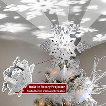 Load image into Gallery viewer, PEIDUO Christmas Clearance 10" Glittering Silver Hollow Snowflake Christmas Tree Top Lights with Rotating Snowflakes Projector Christmas Tree Decoration