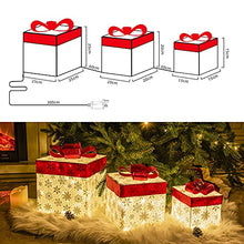 Load image into Gallery viewer, EAMBRITE 3PK Light up Boxes Silver Snowflake Patterned Gift Boxes with Warm White Lights Plug in for Christmas Decorations Home and Outdoor Décor