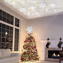 Load image into Gallery viewer, EAMBRITE Christmas Tree Topper Silver Snowflake Tree Topper Projector with Rotating Snowflake Projection Plug in for Indoor and Outdoor Christmas Tree Decoration