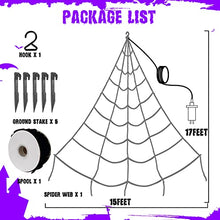 Load image into Gallery viewer, EAMBRITE Halloween Decorations Outdoor Giant Spider Web with 135LT Purple Lights 200" Triangular Huge Black Scary Spider Web Lights for Yard Home Parties Haunted House Decor