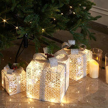 Load image into Gallery viewer, EAMBRITE Set of 3 48LT Christmas Glittering Gift Boxes Lighted with Bows Present Boxes for Christmas Tree Weddings Yard Home Holiday Art Decorations (White and Silver)