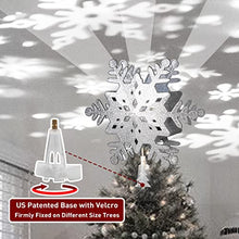 Load image into Gallery viewer, PEIDUO Christmas Clearance 10" Glittering Silver Hollow Snowflake Christmas Tree Top Lights with Rotating Snowflakes Projector Christmas Tree Decoration