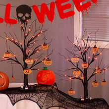 Load image into Gallery viewer, Eambrite Set of 2 Halloween Tree with 24 Orange LEDs Battery Operated Black Twig Tree with Pumpkin Ornaments Light up Halloween Decorations Indoor Spooky Party Decor Gifts for Kids (2pcs, 60cm/2ft)